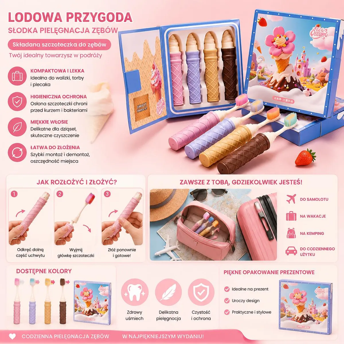Zestaw składanych szczoteczek do zębów w kolorze lodowym 4 sztuki