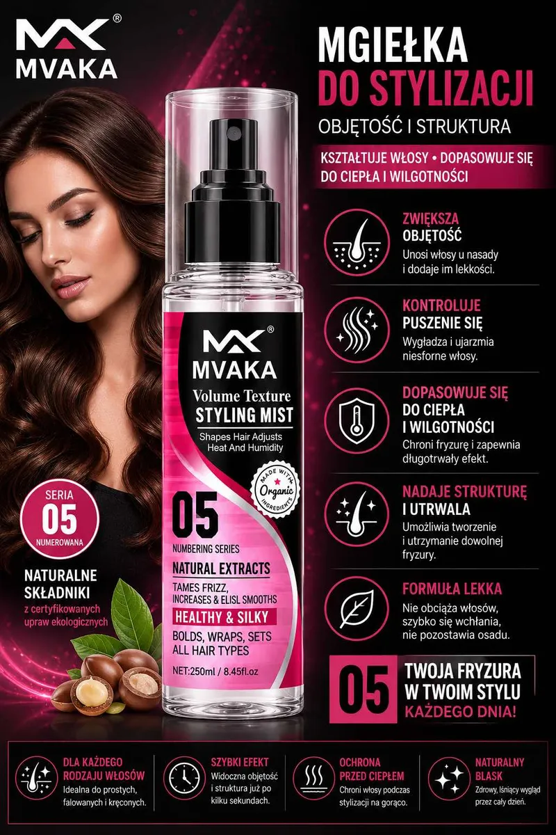 MVAKA Mgiełka do stylizacji włosów 250ml - objętość i kontrola puszenia