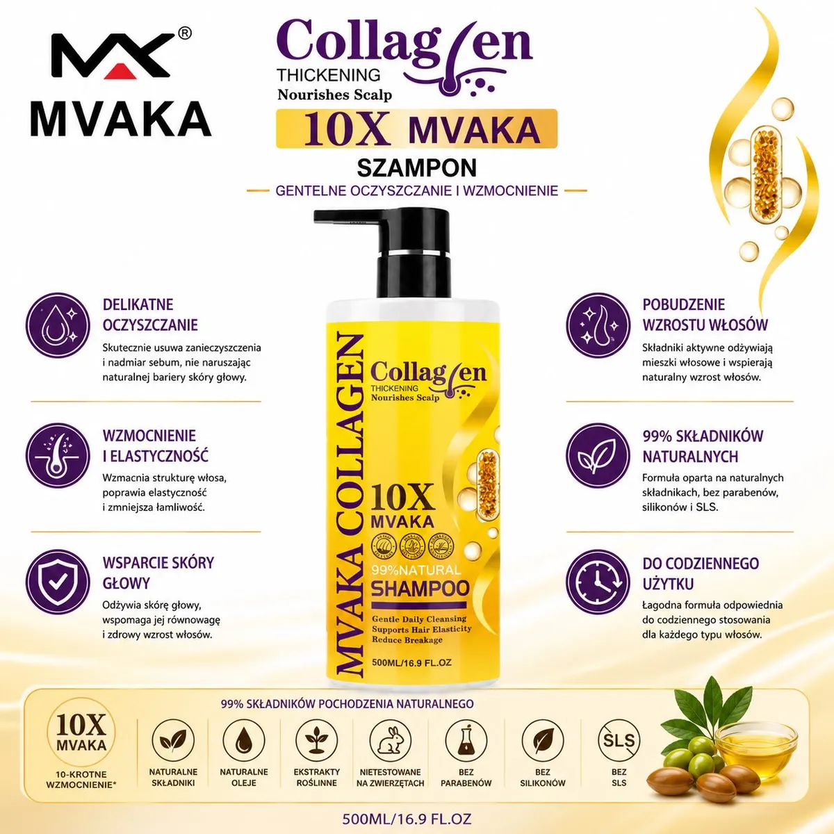 Szampon Collagen 10X MVAKA 500ml do pielęgnacji włosów i skóry głowy