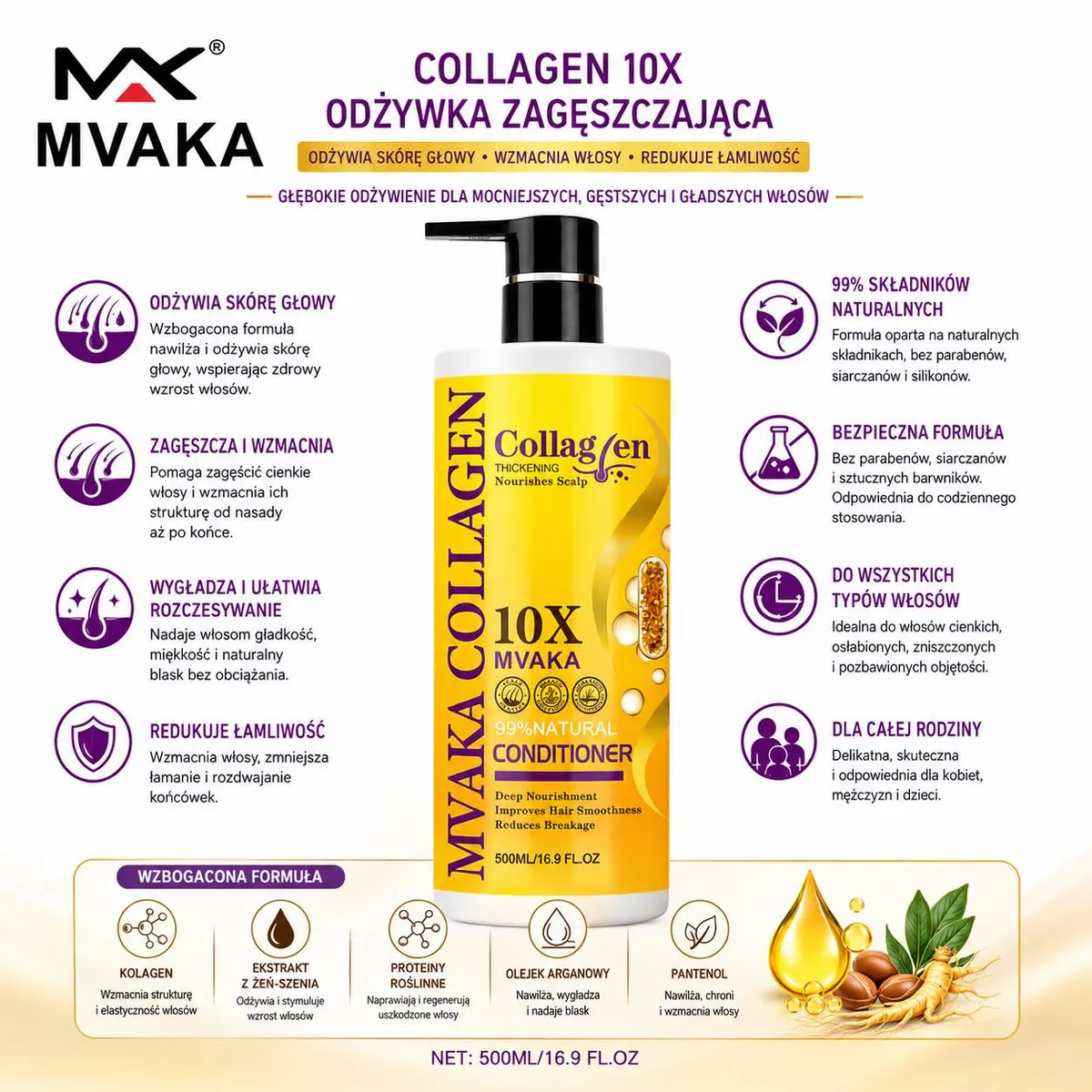MVAKA Collagen 10X Odżywka Zagęszczająca 500ml naturalna pielęgnacja