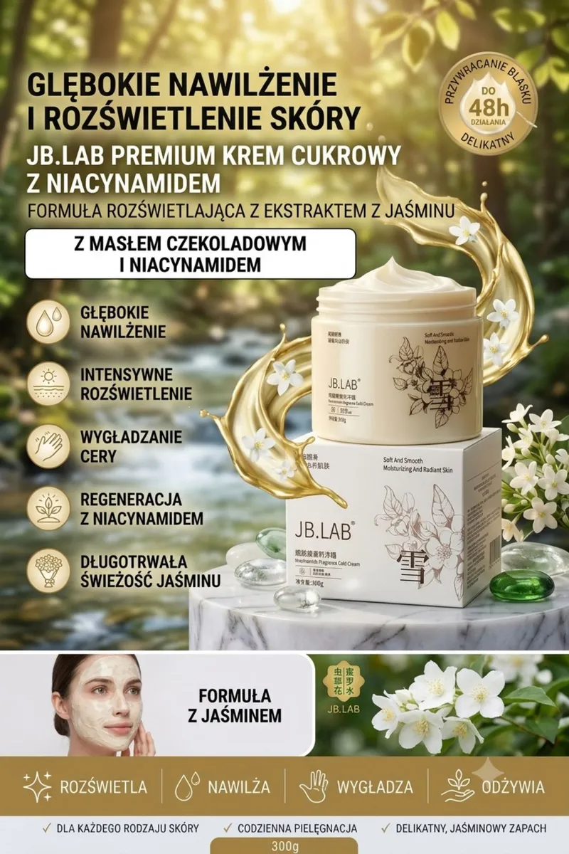 JB.LAB Premium Krem Cukrowy z Niacynamidem 300g z Masłem Czekoladowym i Jaśminem