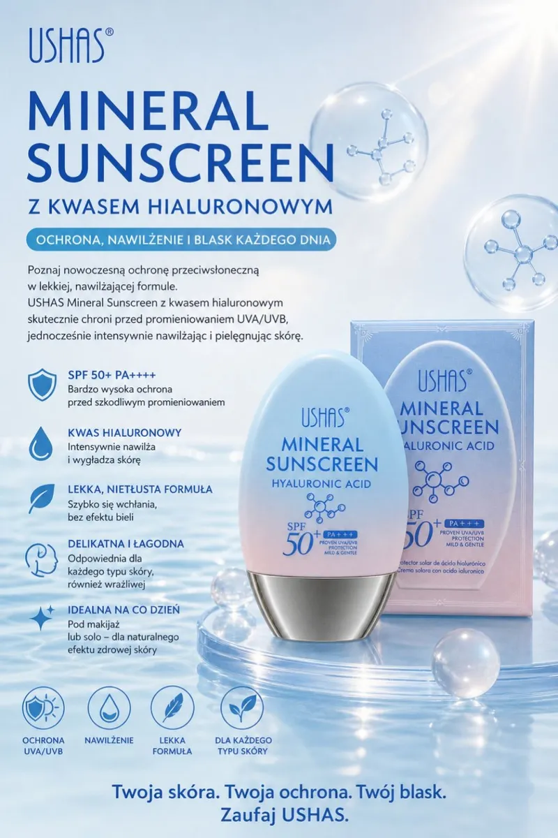 USHAS Mineral Sunscreen SPF 50+ z kwasem hialuronowym
