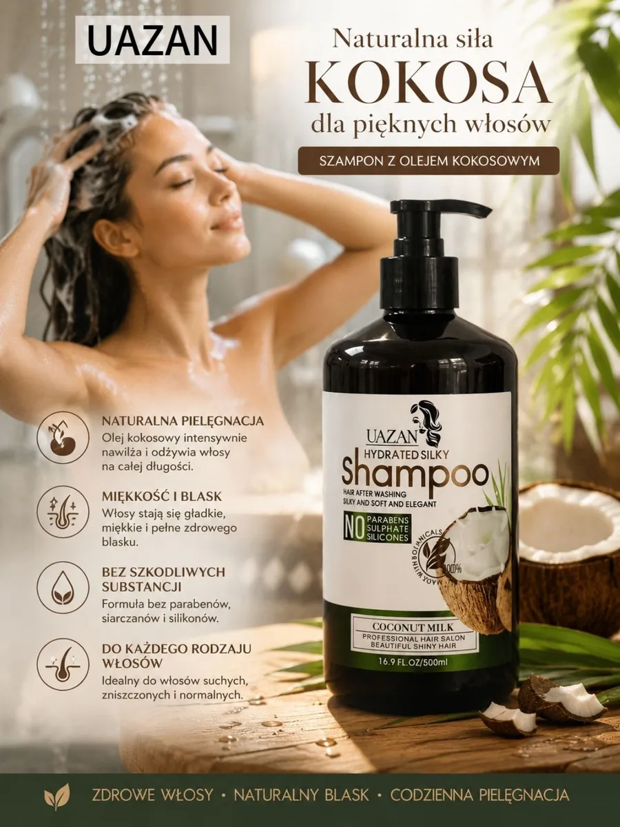 UAZAN Szampon z olejem kokosowym 500ml naturalna pielęgnacja włosów