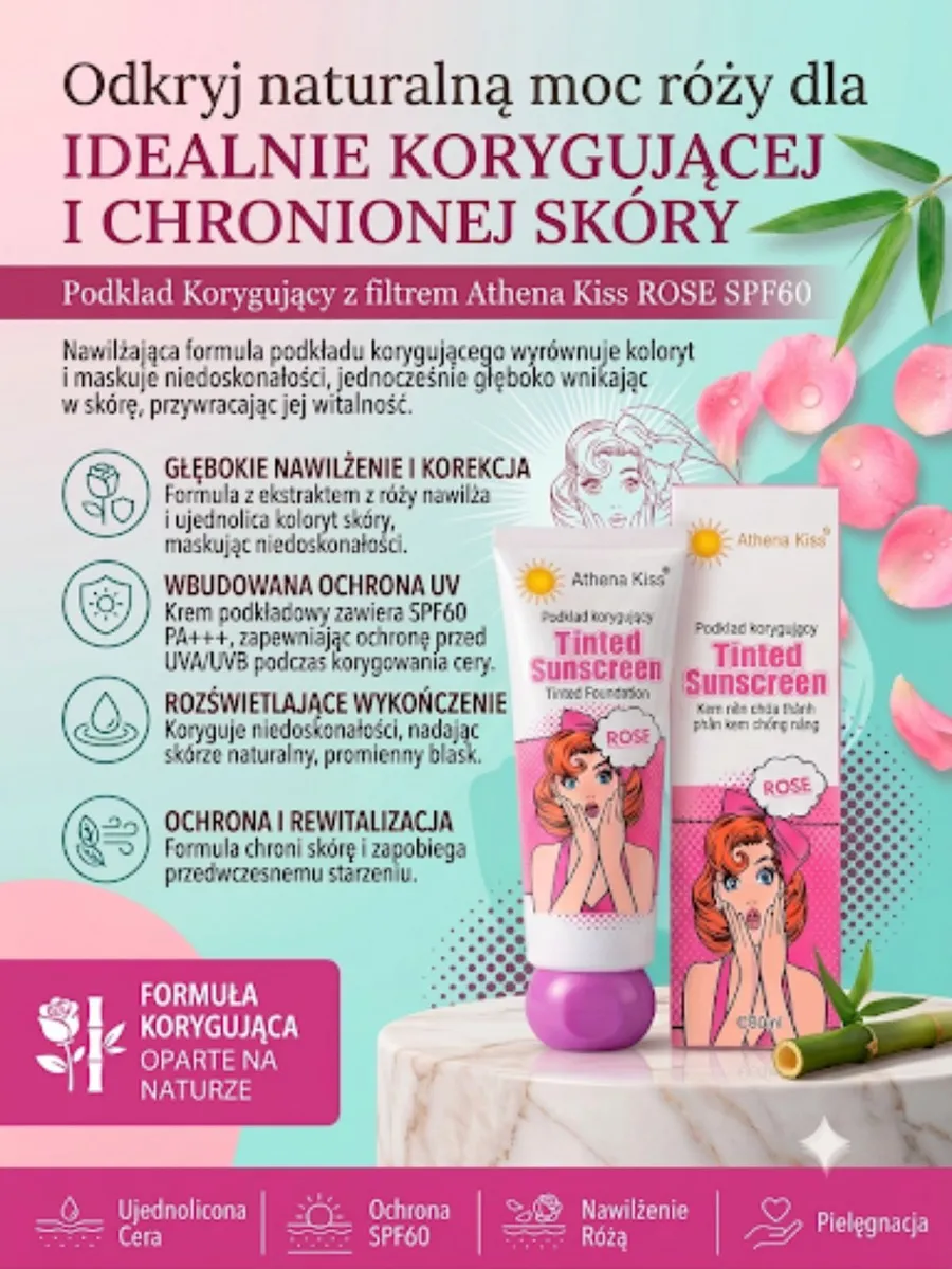 Athena Kiss Podkład Korygujący Rose SPF60 z ekstraktem z róży