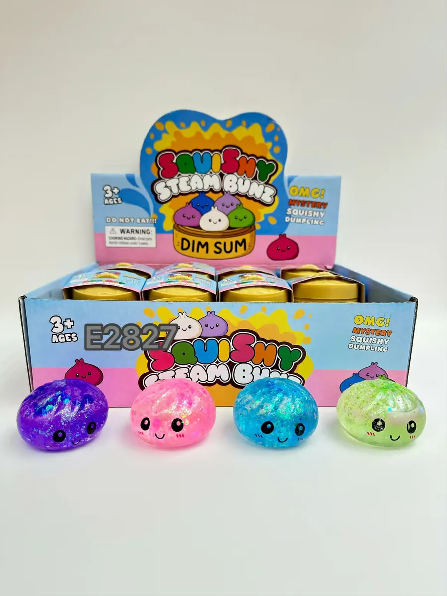 Kolorowe przezroczyste squishy bułeczki dim sum z uśmiechniętymi buźkami i błyszczącymi drobinkami