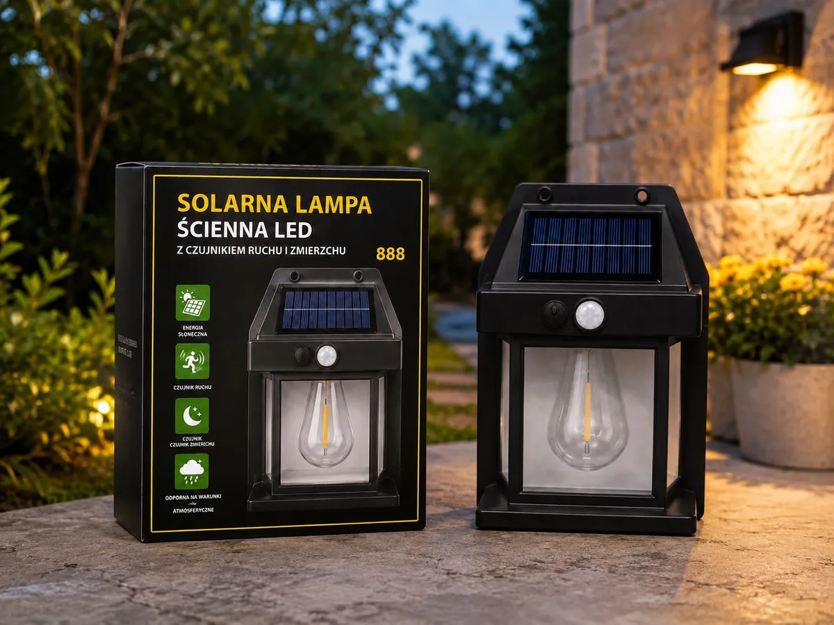 Solarny Czarny Lampa Ścienna LED z Czujnikiem Ruchu i Zmierzchu