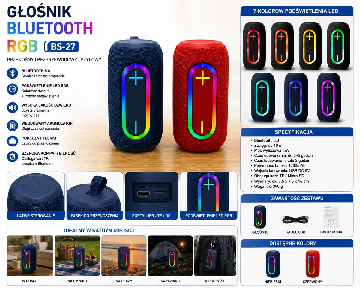 Głośnik Bluetooth LED RGB BS-27 niebieski i czerwony z paskiem
