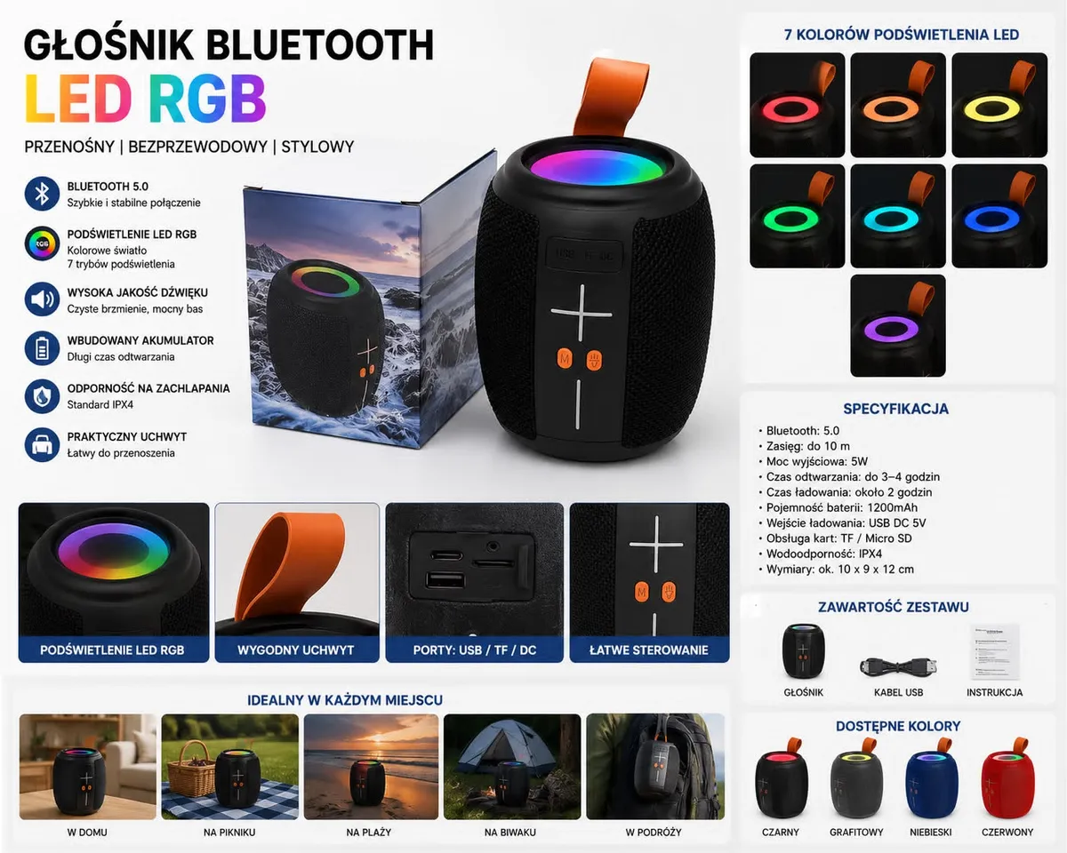 Przenośny głośnik Bluetooth LED RGB czarny z uchwytem 10x9x12 cm