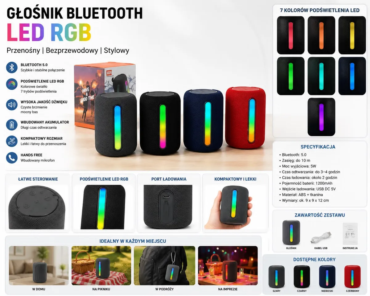 Bezprzewodowy głośnik Bluetooth z podświetleniem LED RGB, kompaktowy