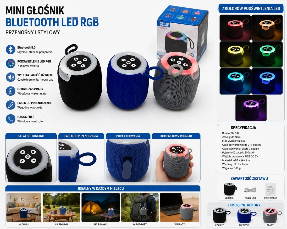 Mini głośnik bezprzewodowy Bluetooth LED RGB czarny, niebieski, szary