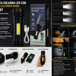 Latarka solarna LED COB czarna 16x4,5 cm z power bank