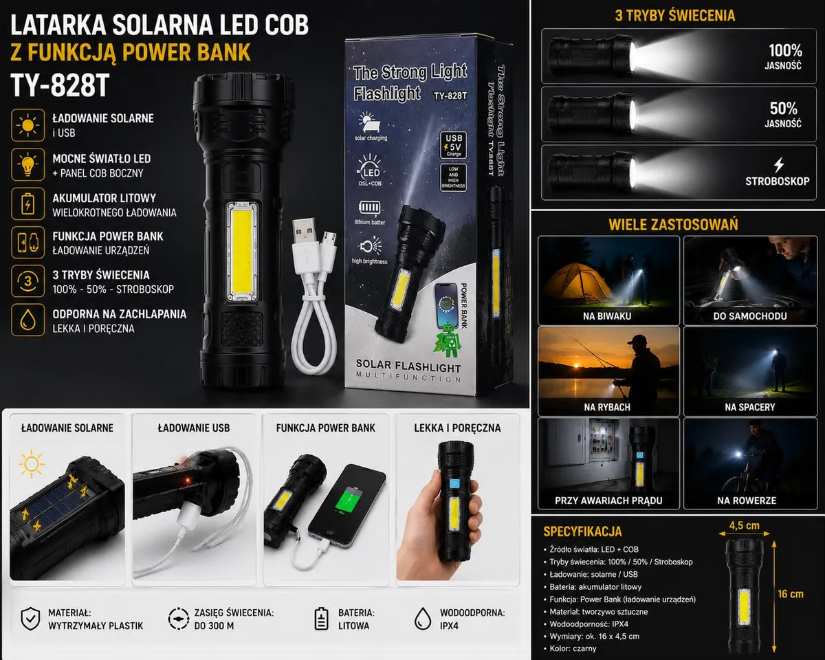 Latarka solarna LED COB czarna 16x4,5 cm z power bank
