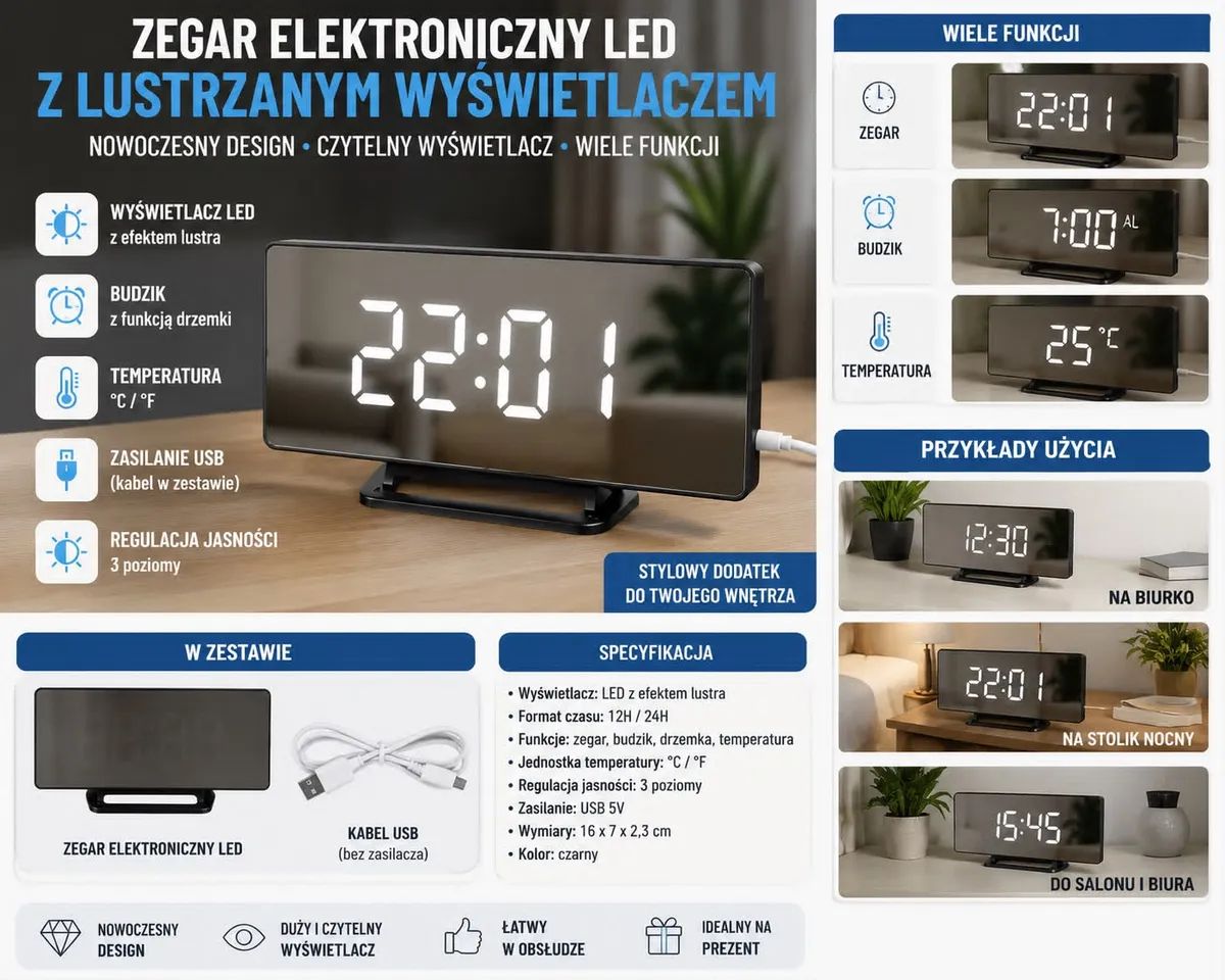 Zegar elektroniczny LED z lustrzanym wyświetlaczem czarny 16x7x2,3 cm
