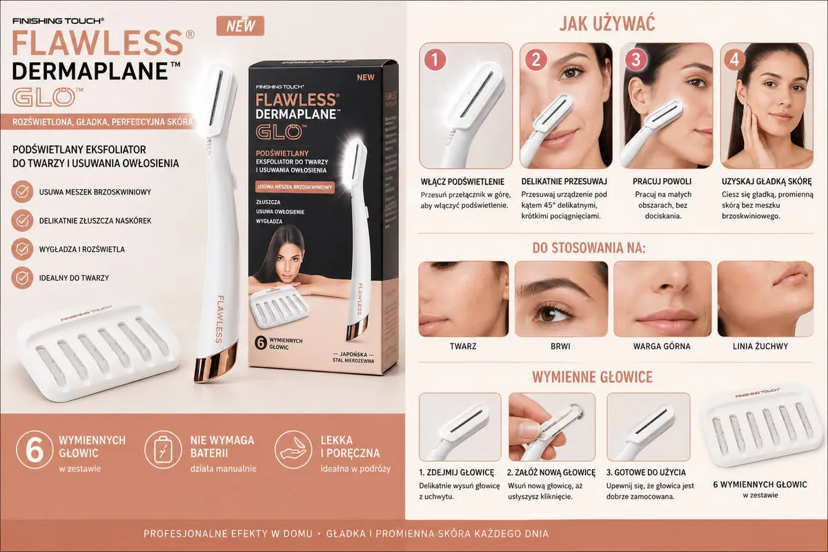 Trymer do twarzy Flawless Dermaplane GLO z podświetleniem i 6 wymiennymi głowicami
