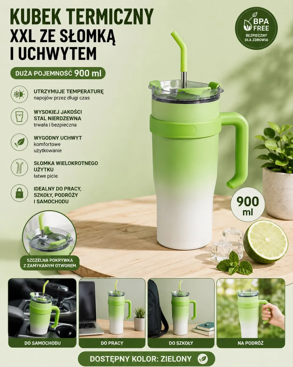 Kubek termiczny XXL zielony 900 ml ze słomką i uchwytem