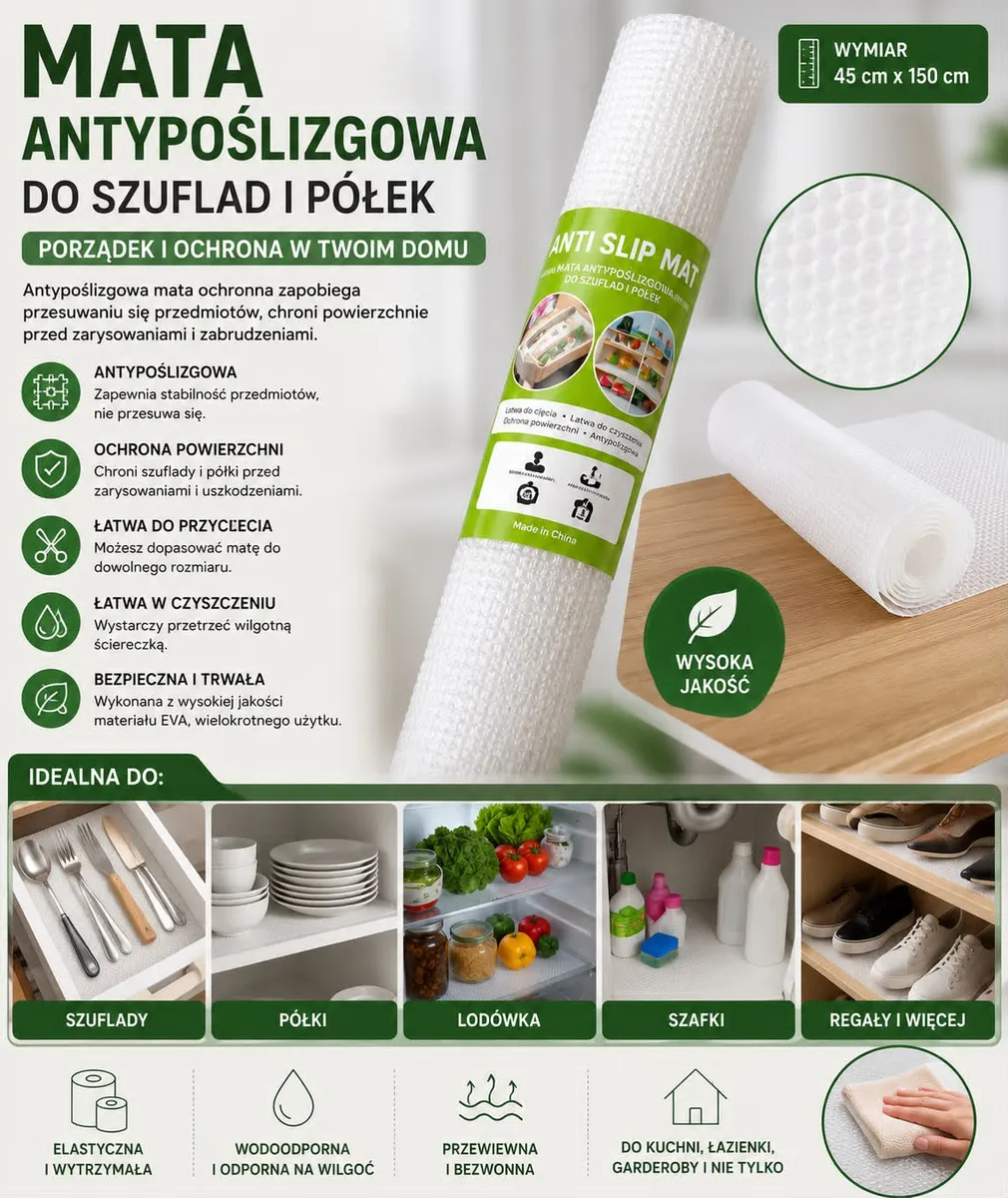 Mata antypoślizgowa do szuflad i półek 45x150 cm biała