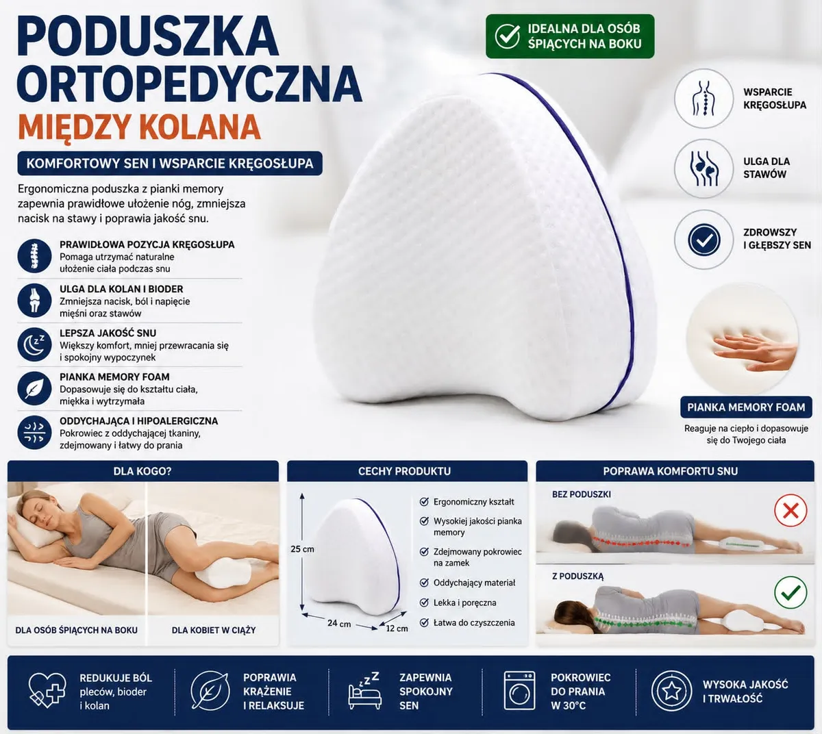 Poduszka ortopedyczna między kolana z pianki memory biała 25x24x12 cm