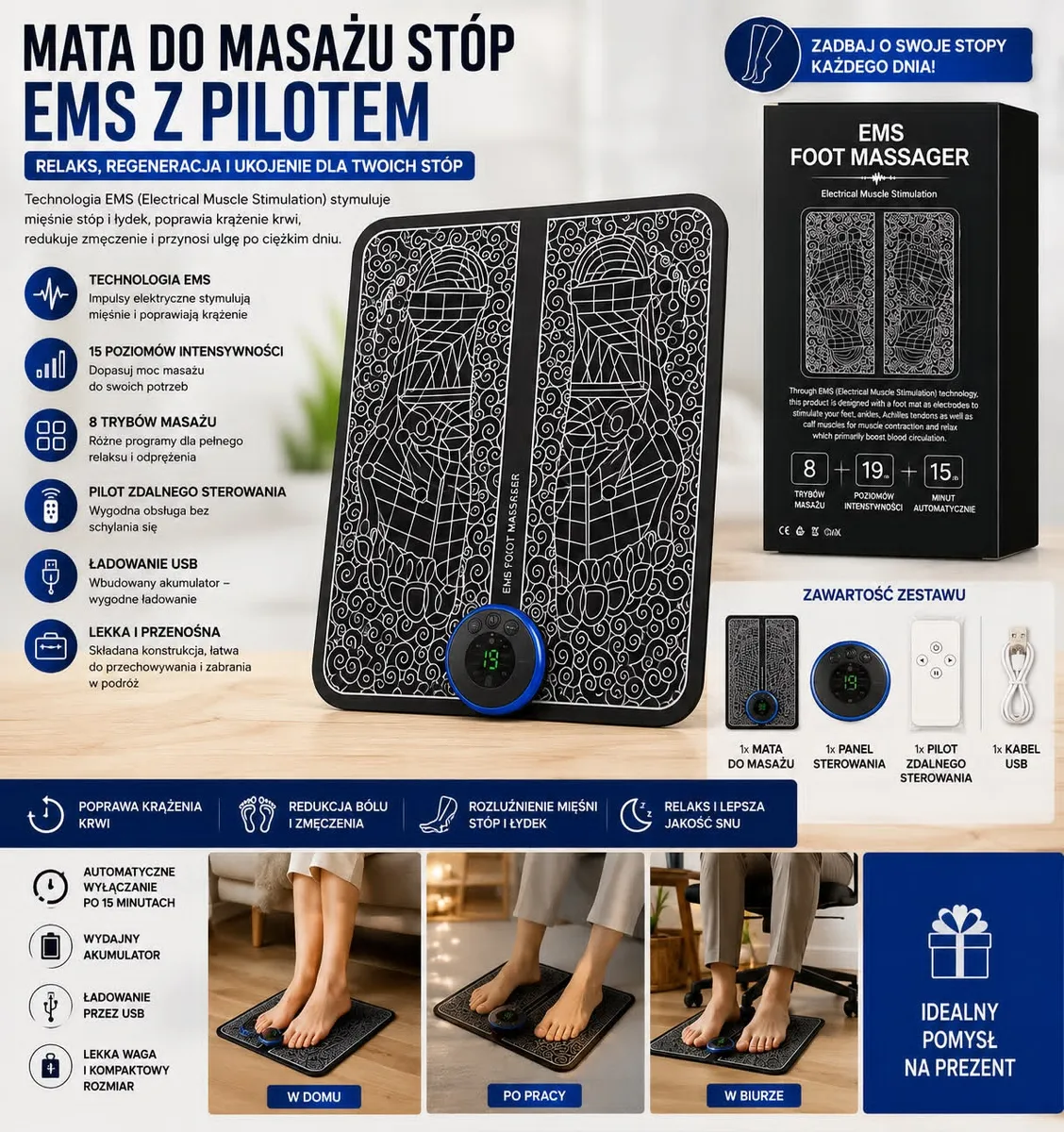 Mata do masażu stóp EMS z pilotem czarna z USB i 15 poziomami