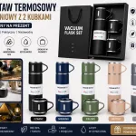 Termos próżniowy z 2 kubkami stal nierdzewna kolorowy zestaw prezentowy