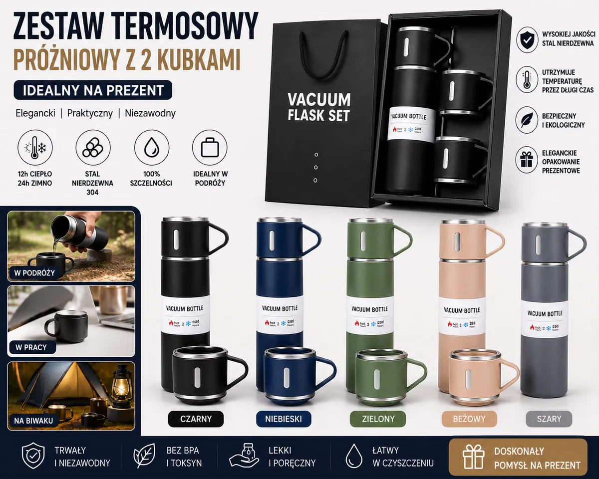 Termos próżniowy z 2 kubkami stal nierdzewna kolorowy zestaw prezentowy