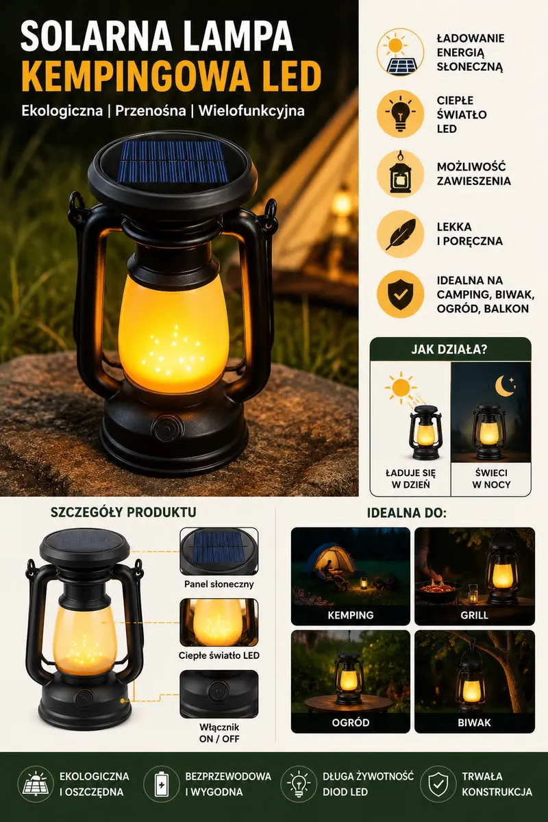 Solarny Czarny Lampa Kempingowa LED z Ciepłym Światłem