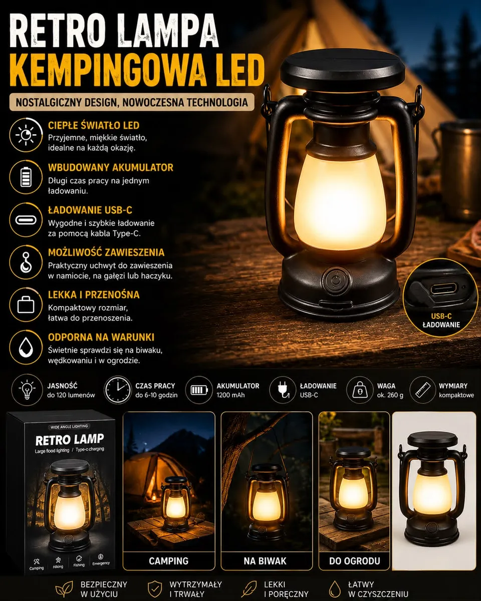 Retro lampa kempingowa LED USB czarna kompaktowa