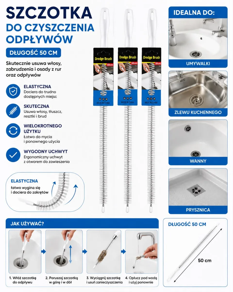 Szczotka do czyszczenia odpływów 50 cm elastyczna i skuteczna