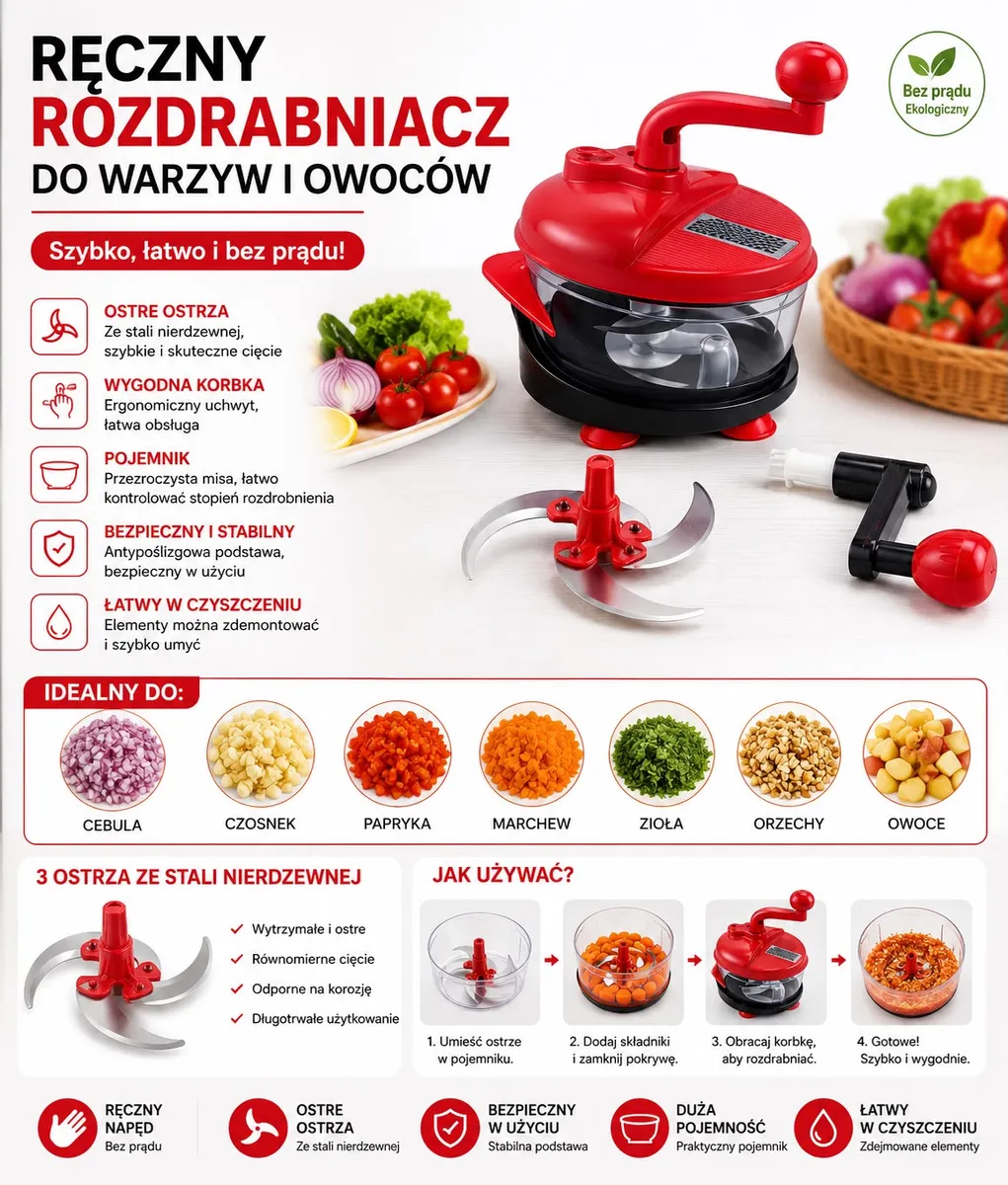 Ręczny rozdrabniacz do warzyw i owoców czerwono-czarny z korbką
