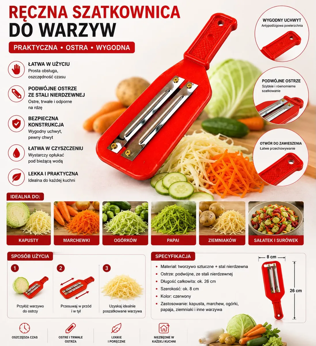 Ręczna szatkownica do warzyw czerwona z podwójnym ostrzem ze stali nierdzewnej