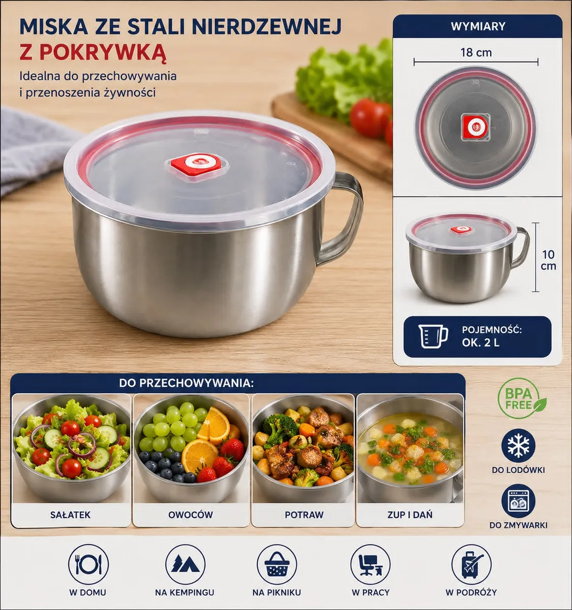 Miska ze stali nierdzewnej z pokrywką 2L z uchwytem srebrna