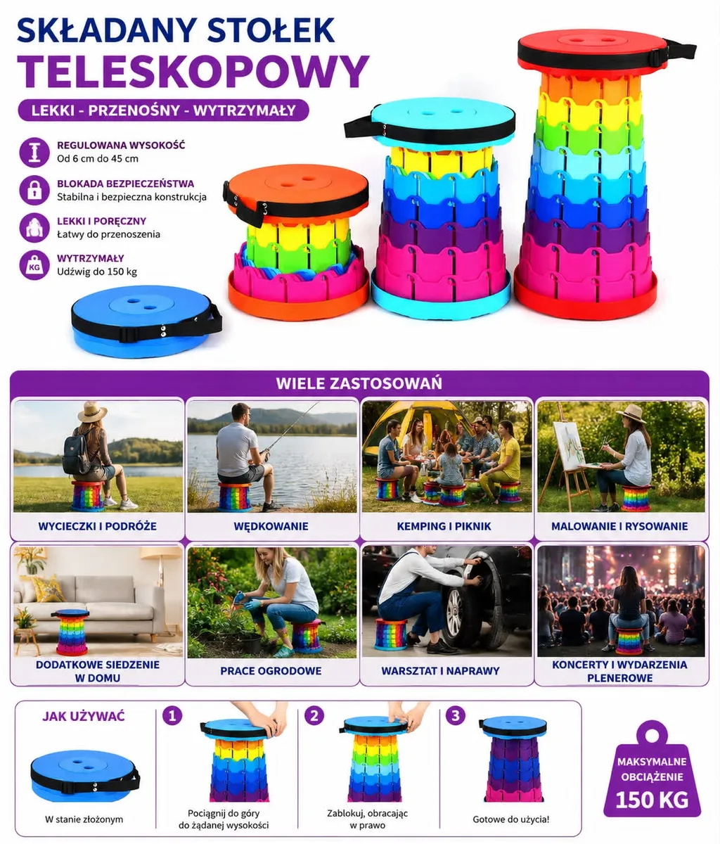 Kolorowy składany stołek teleskopowy regulowany 6-45 cm