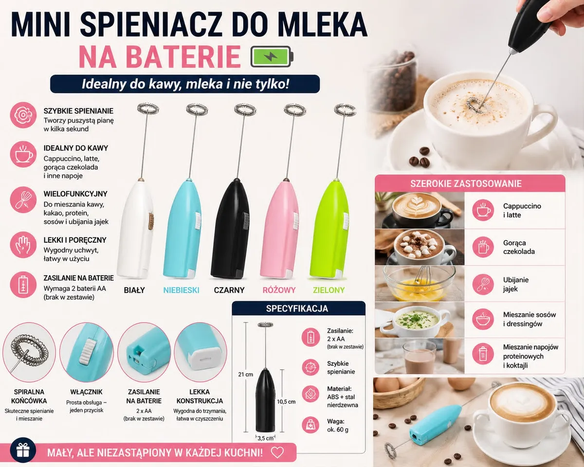 Elektryczny spieniacz do mleka na baterie kolorowy 21 cm