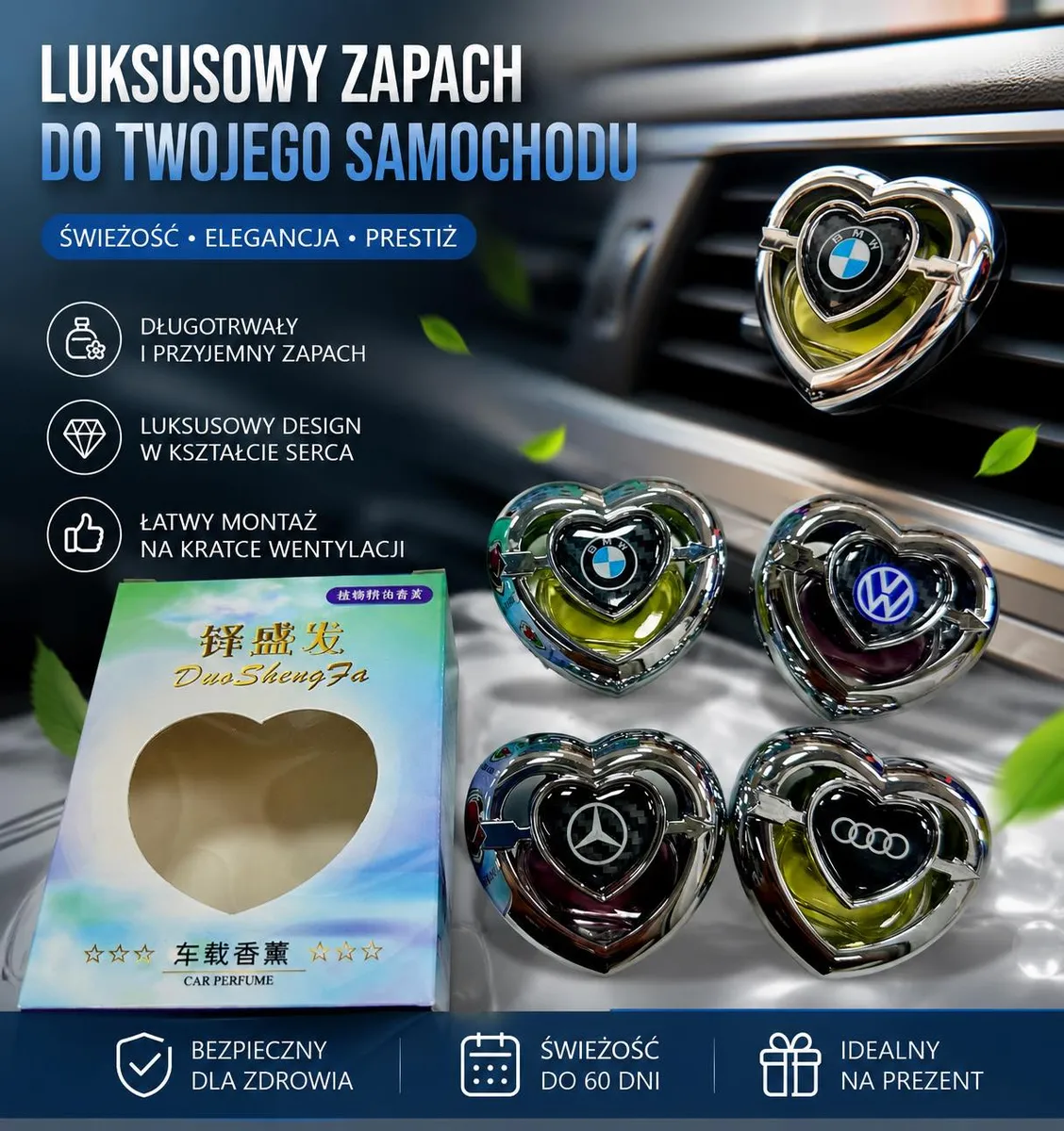 Odświeżacz powietrza samochodowy w kształcie serca z logo marki