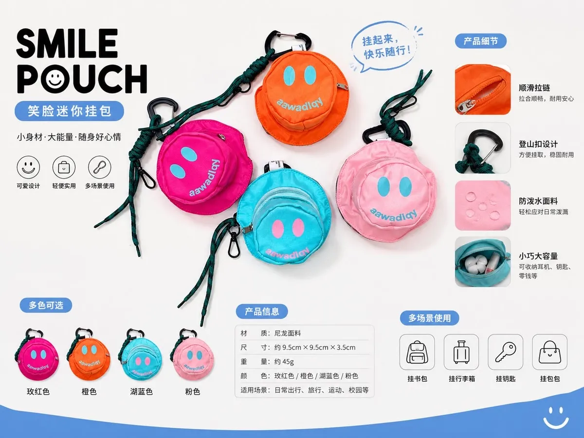 Smile Pouch Mała Okrągła Saszetka Nylonowa z Karabińczykiem
