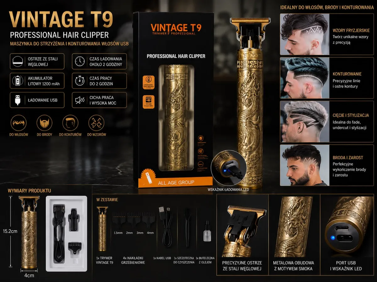 Trymer Vintage T9 USB Złoty Smok z precyzyjnym ostrzem ze stali węglowej