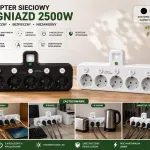 Adapter sieciowy 5 gniazd 2500W z indywidualnymi wyłącznikami czarny i biały