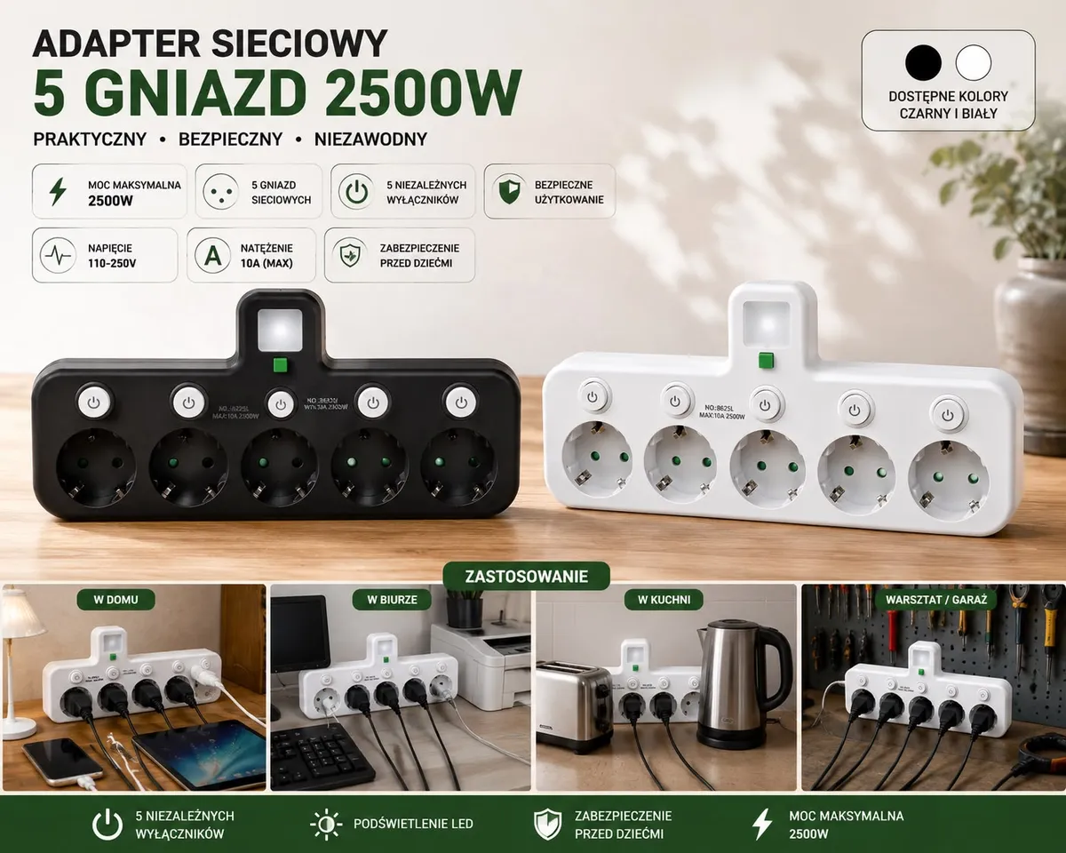 Adapter sieciowy 5 gniazd 2500W z indywidualnymi wyłącznikami czarny i biały