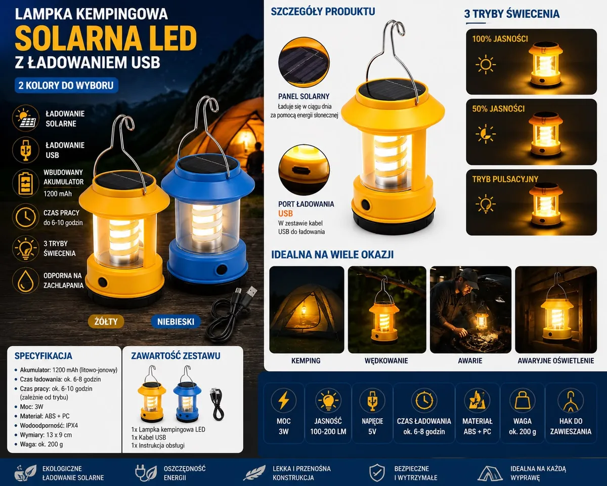 Lampka Turystyczna LED Solarna USB Żółta 3 Tryby Świecenia