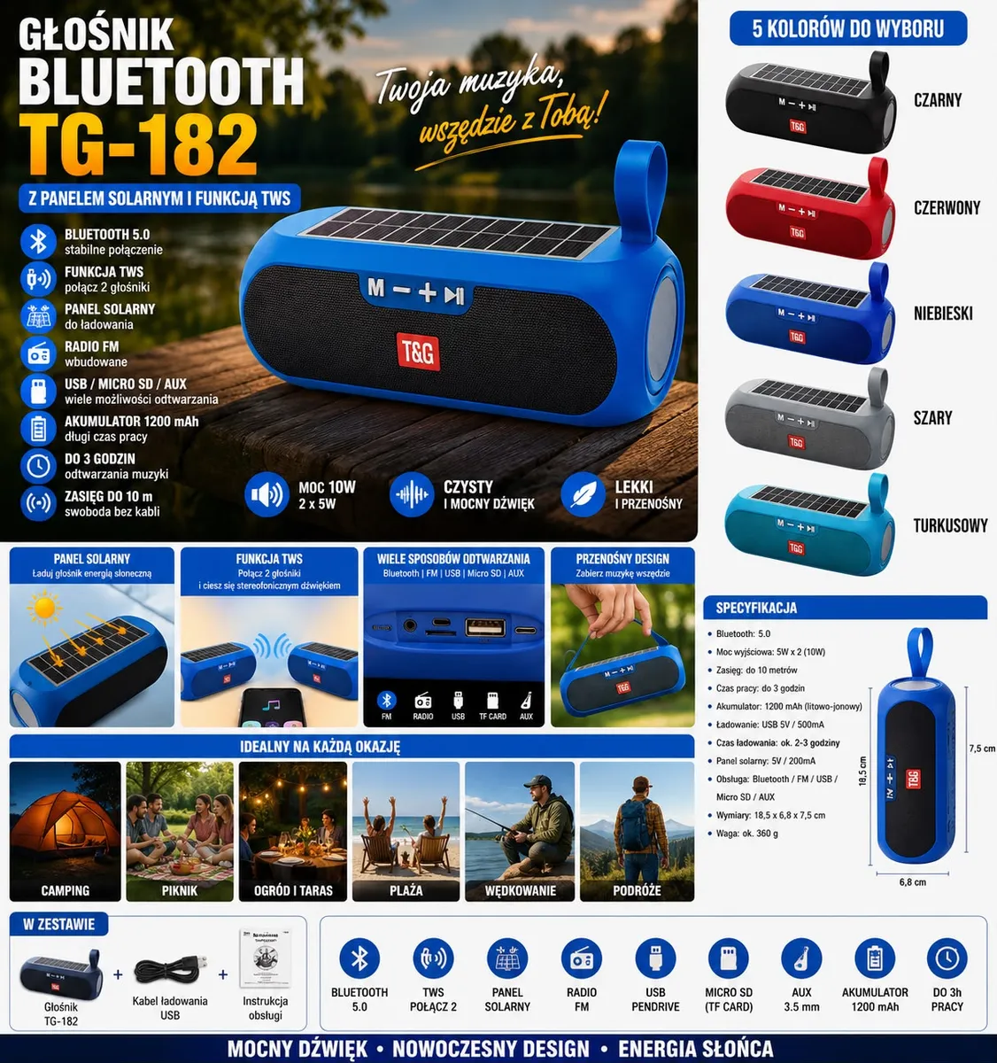 Głośnik Bluetooth TG-182 z panelem solarnym i funkcją TWS niebieski