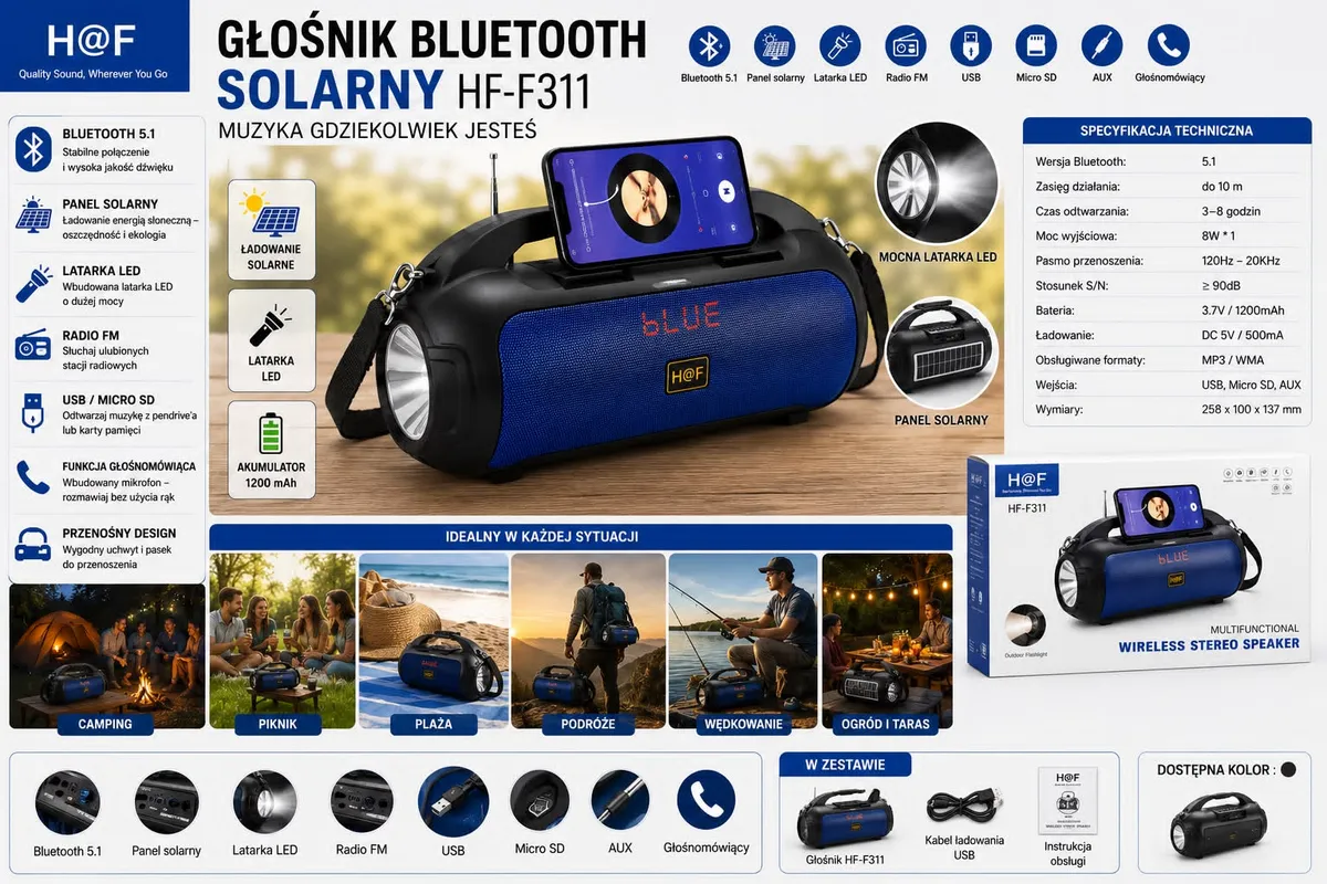 Głośnik Bluetooth HF-F311 solarny granatowy z latarką LED i radiem FM
