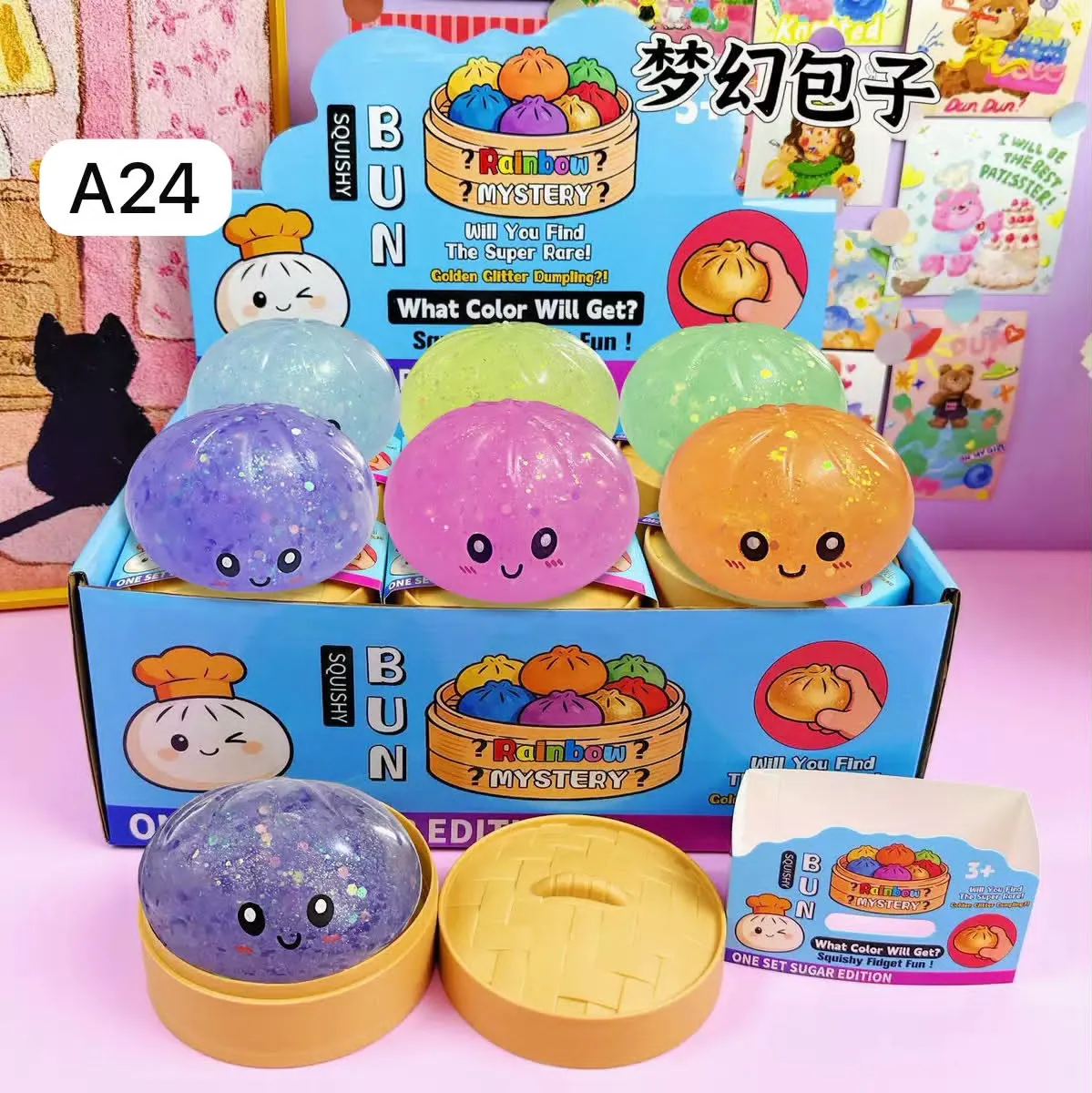 kolorowe przezroczyste squishy bułeczki z brokatem w plastikowych pojemnikach