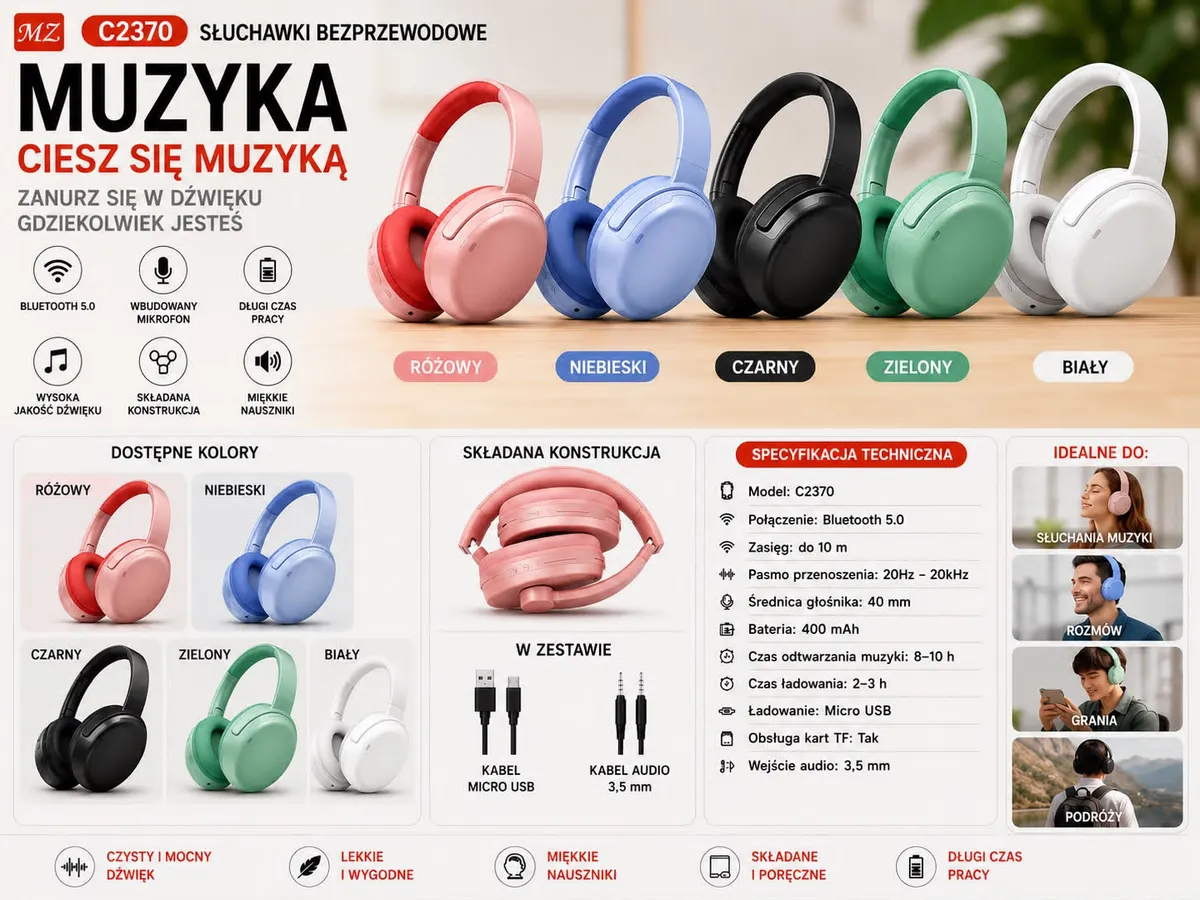 Słuchawki Bezprzewodowe Bluetooth C2370 różne kolory składane