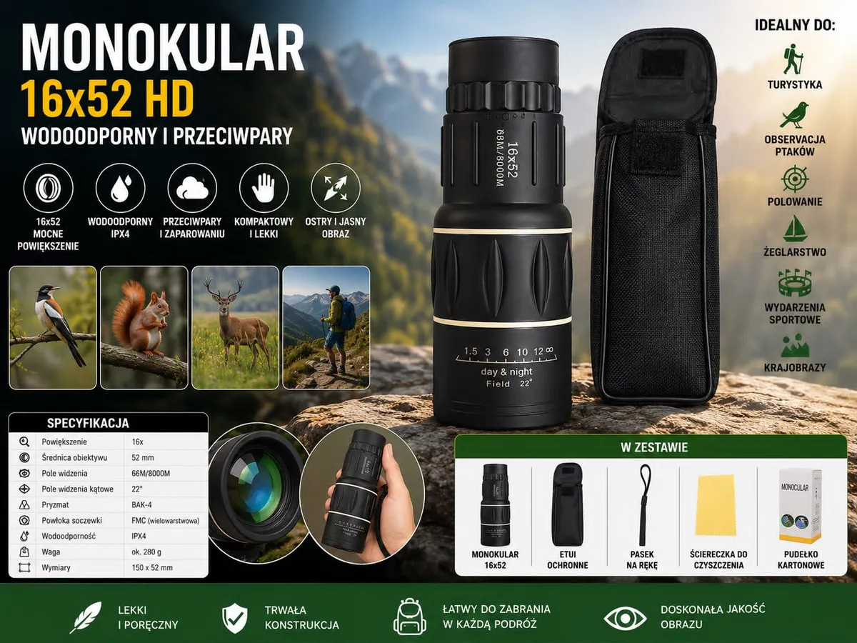 Monokular 16x52 HD czarny wodoodporny z etui i paskiem