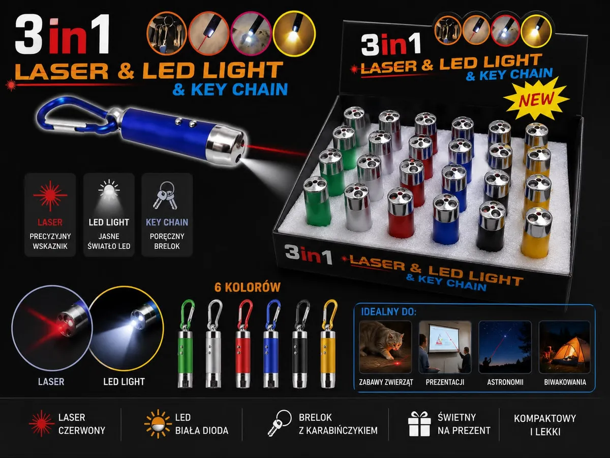 Mini laser i latarka LED 3w1 z karabińczykiem, 6 kolorów
