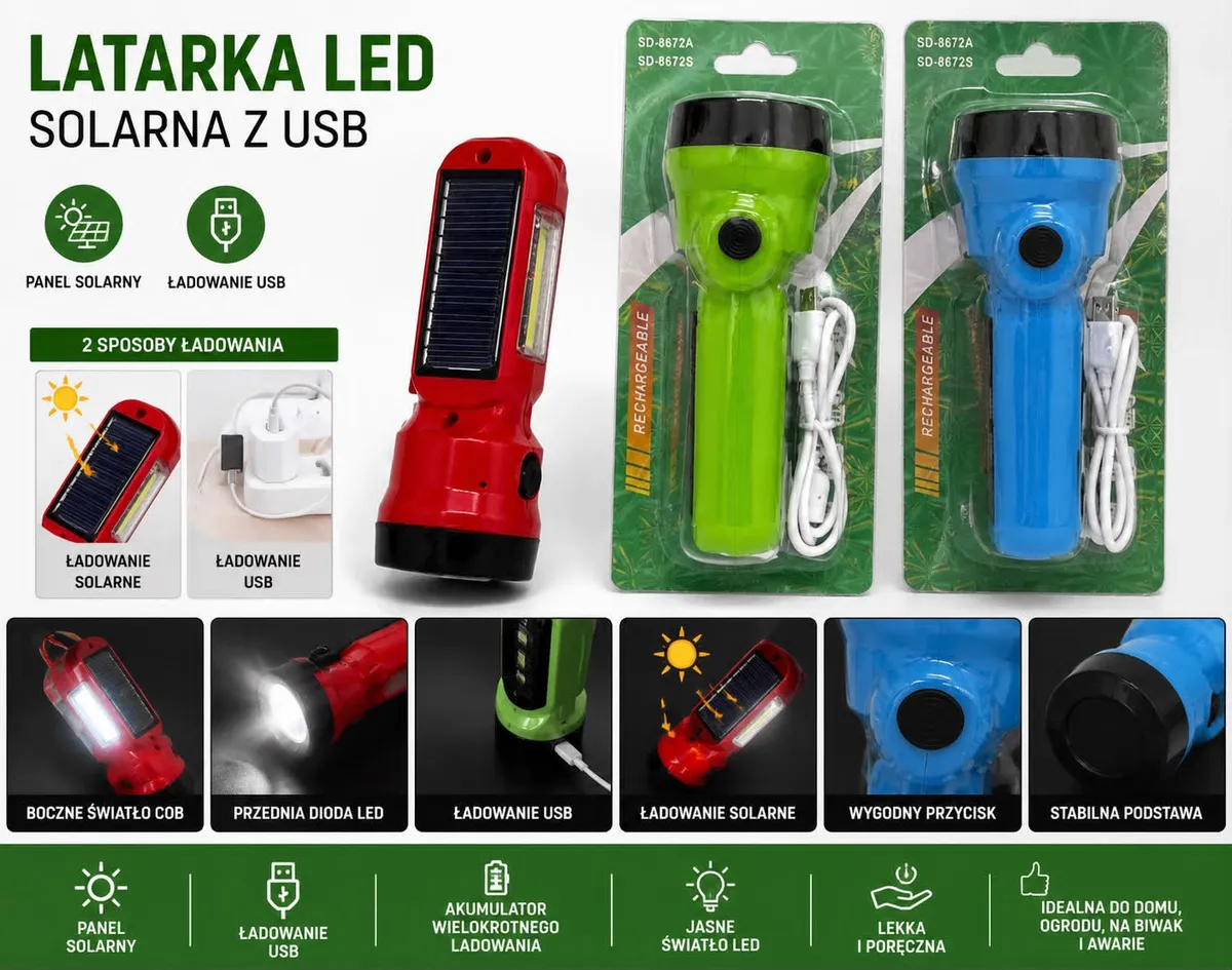 Latarka LED solarna z ładowaniem USB czerwona, zielona, niebieska