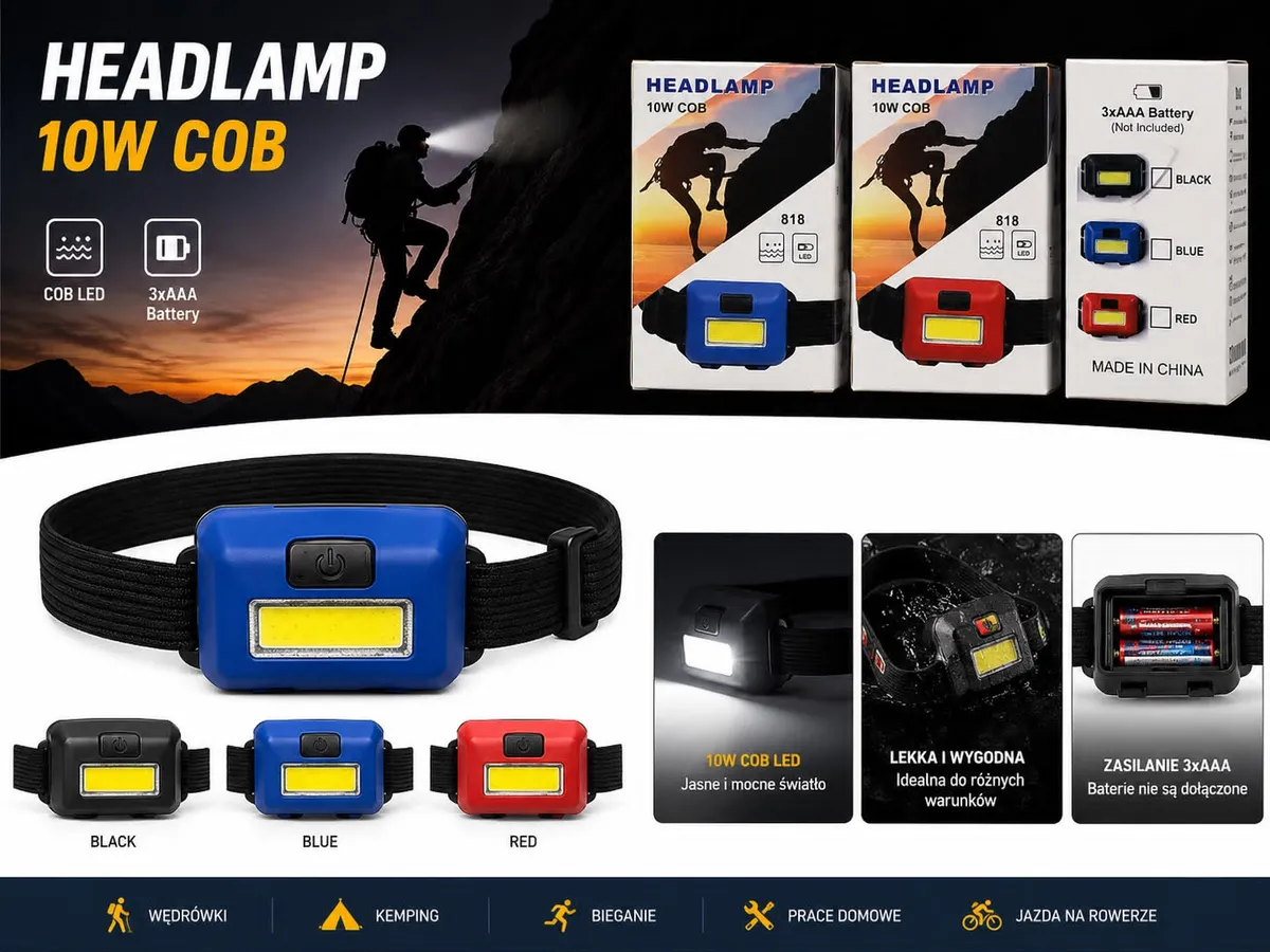 Latarka czołowa 10W COB LED na 3 baterie AAA kolor niebieski