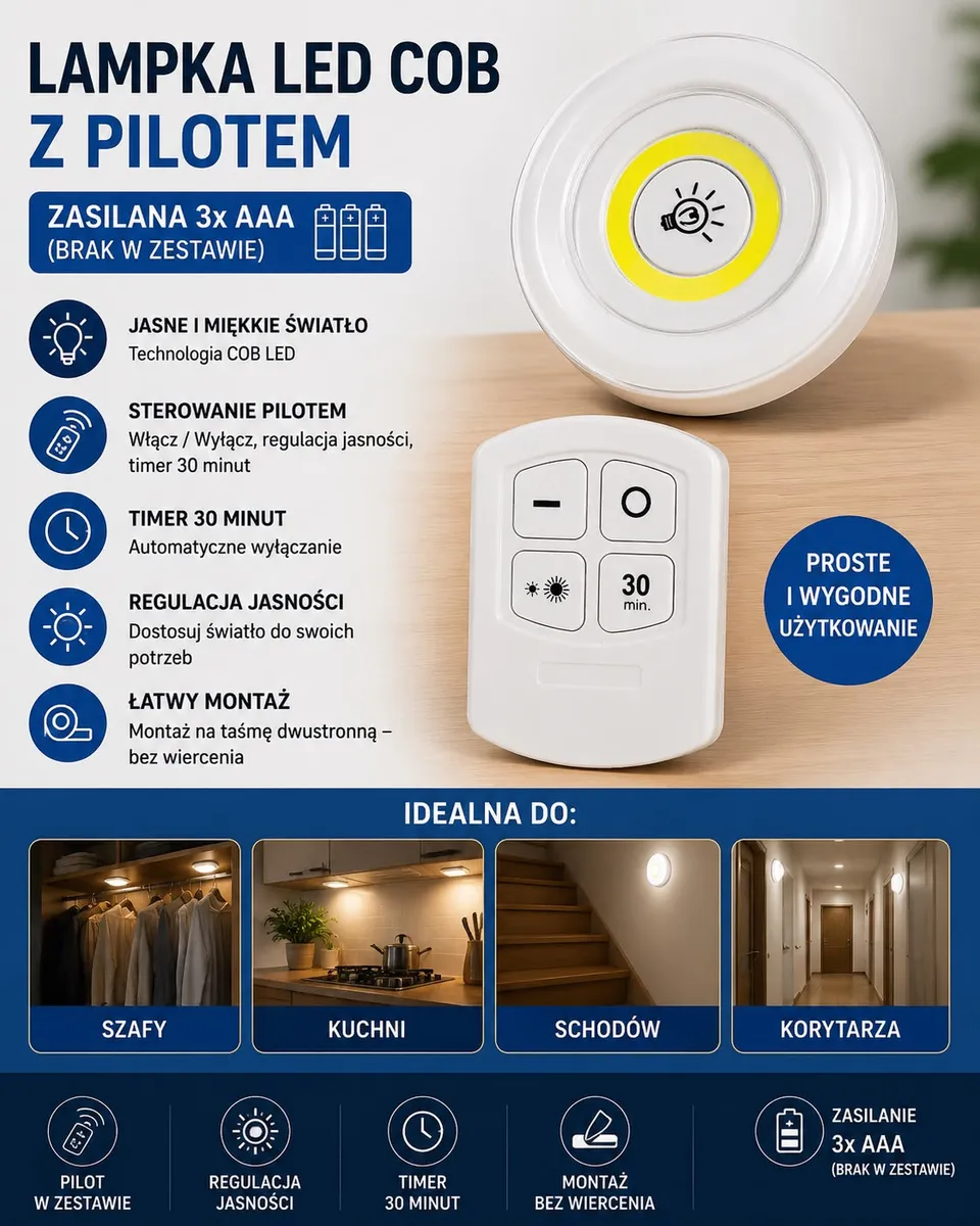 Lampka LED COB z pilotem biała z regulacją jasności i timerem