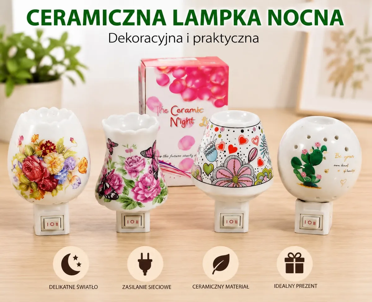 Ceramiczna lampka nocna dekoracyjna mix wzorów z włącznikiem