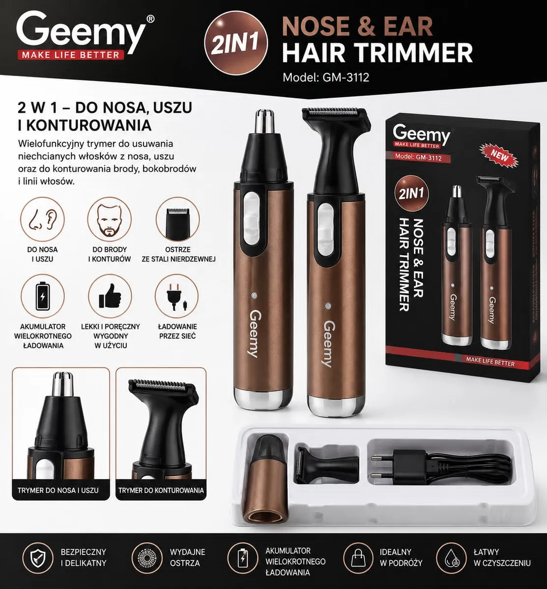 Geemy GM-3112 trymer do nosa i uszu z nasadką do konturowania brody brązowy metaliczny