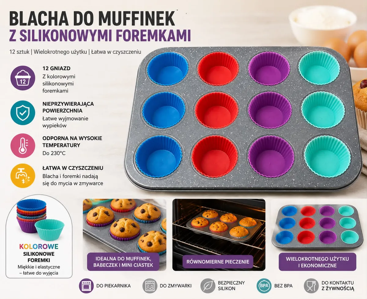 Blacha do muffinek z kolorowymi silikonowymi foremkami 12 gniazd